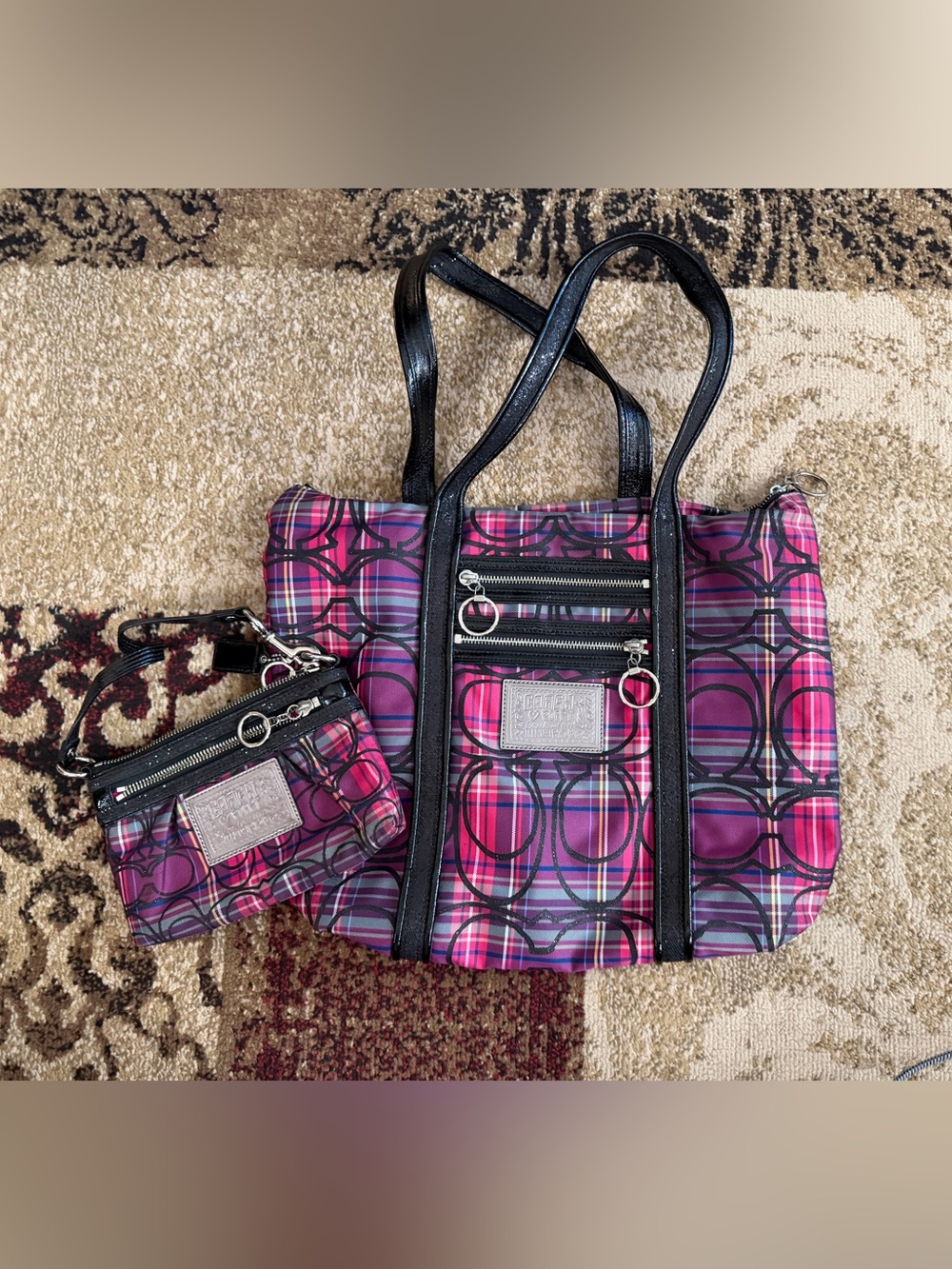 Coach Pink/Purple Plaid Circle Tote Bag with Wristlet